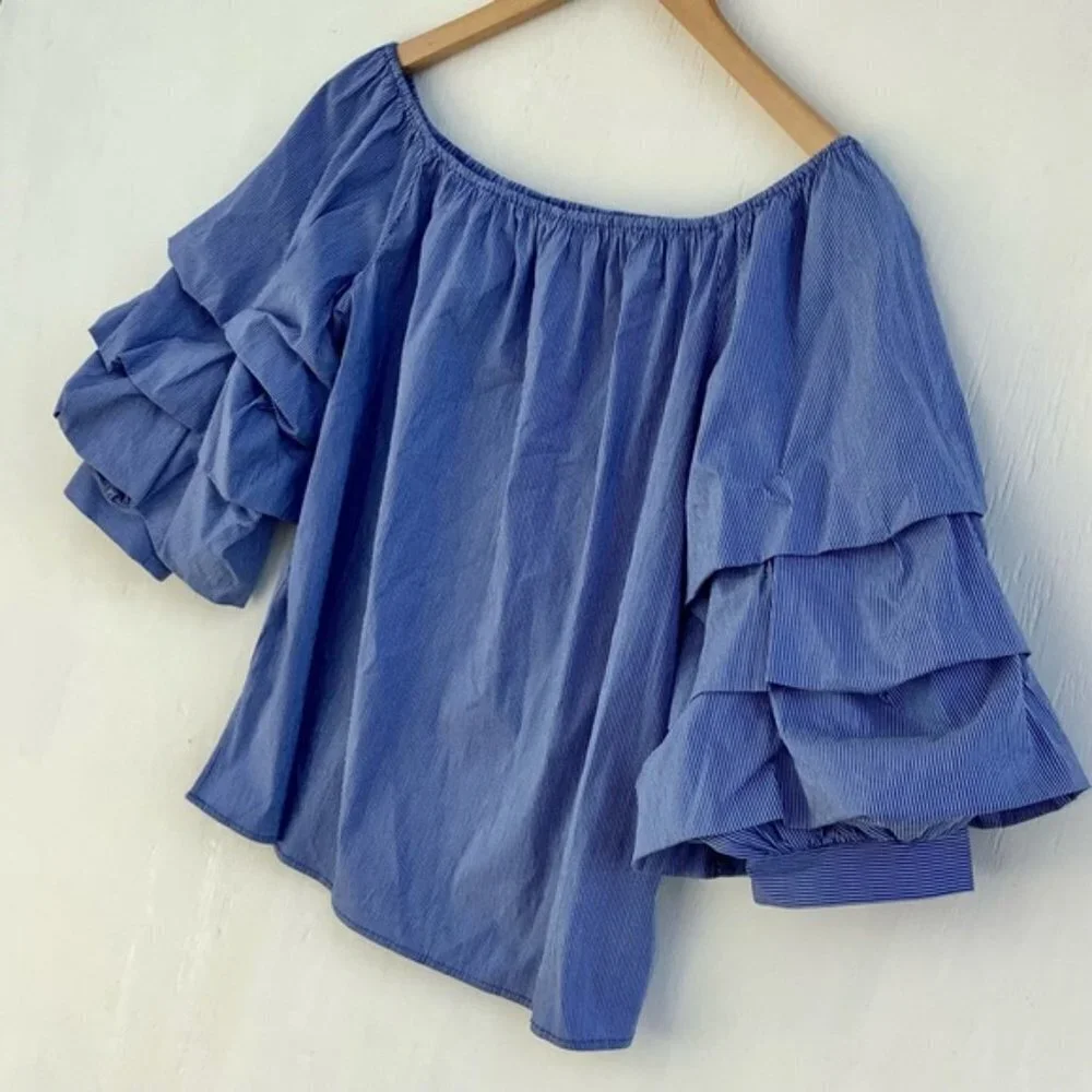 Zara Blue Striped Ruched / Gathered Sleeve Off Shoulder Blouse / Shirt / Top